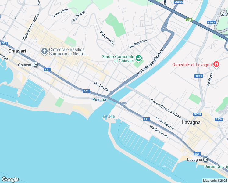 map of restaurants, bars, coffee shops, grocery stores, and more near Viale Guglielmo Marconi in Chiavari