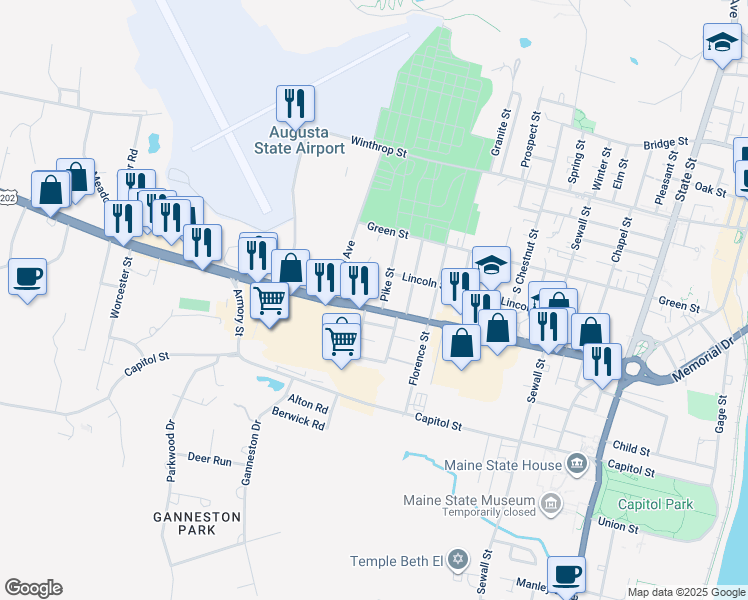 map of restaurants, bars, coffee shops, grocery stores, and more near 99 Maine 11 in Augusta