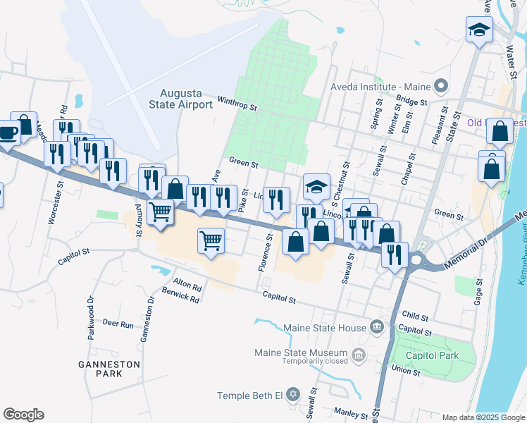 map of restaurants, bars, coffee shops, grocery stores, and more near 18 Drew Street in Augusta