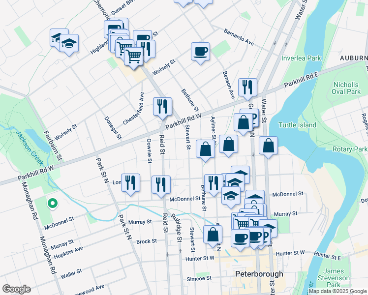 map of restaurants, bars, coffee shops, grocery stores, and more near in Peterborough