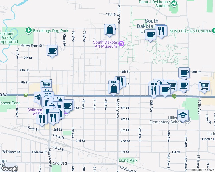 map of restaurants, bars, coffee shops, grocery stores, and more near 705 9th Avenue in Brookings
