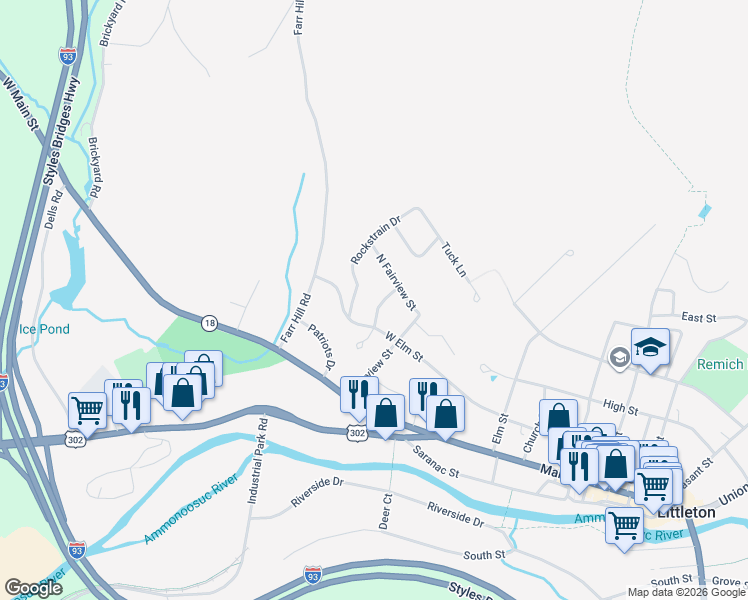 map of restaurants, bars, coffee shops, grocery stores, and more near 30 Rockstrain Drive in Littleton