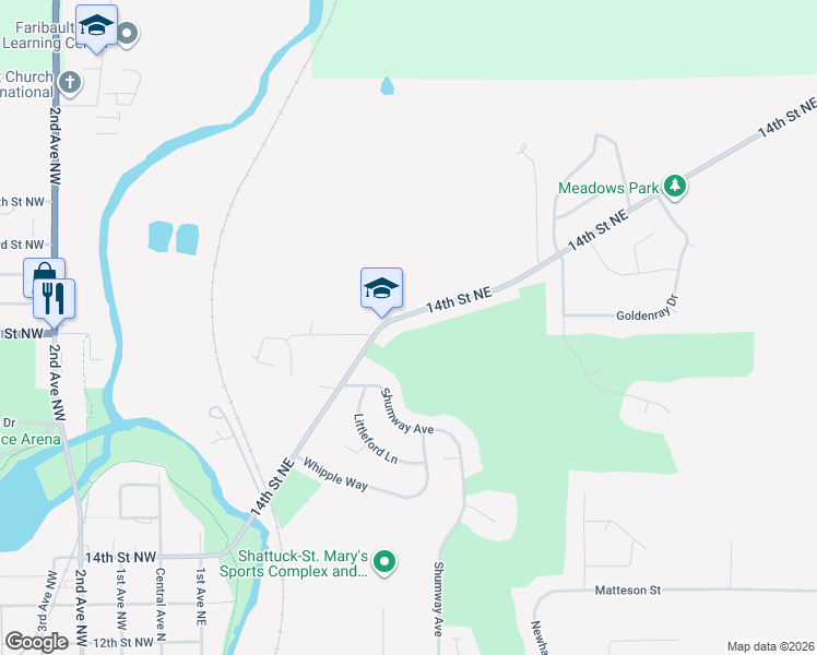 map of restaurants, bars, coffee shops, grocery stores, and more near 1943 14th Street Northeast in Faribault