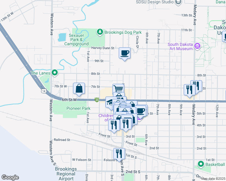 map of restaurants, bars, coffee shops, grocery stores, and more near 399 7th Street in Brookings