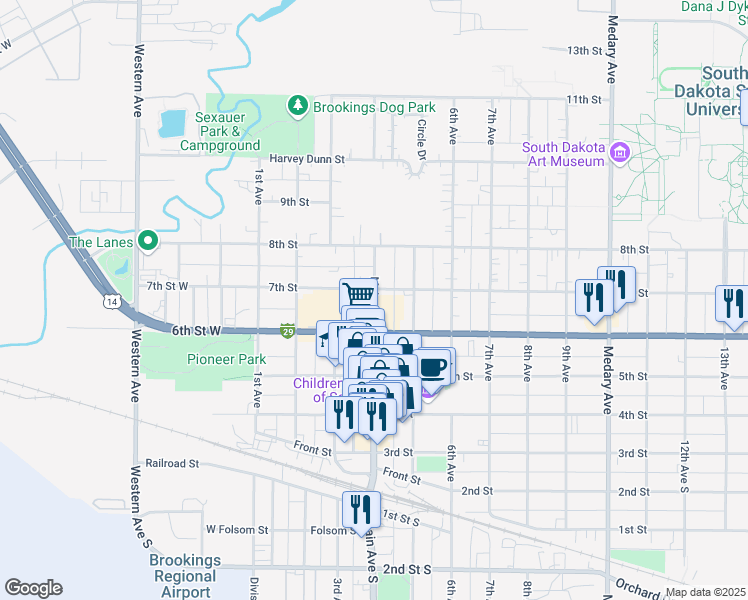 map of restaurants, bars, coffee shops, grocery stores, and more near Main Avenue in Brookings
