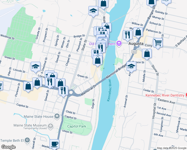 map of restaurants, bars, coffee shops, grocery stores, and more near 384 Water Street in Augusta