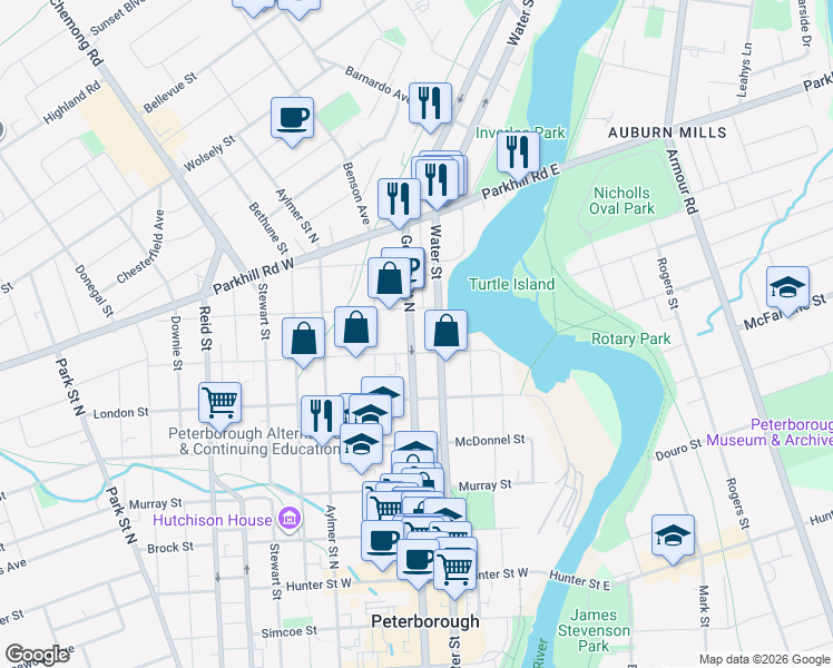 map of restaurants, bars, coffee shops, grocery stores, and more near 610 George Street North in Peterborough