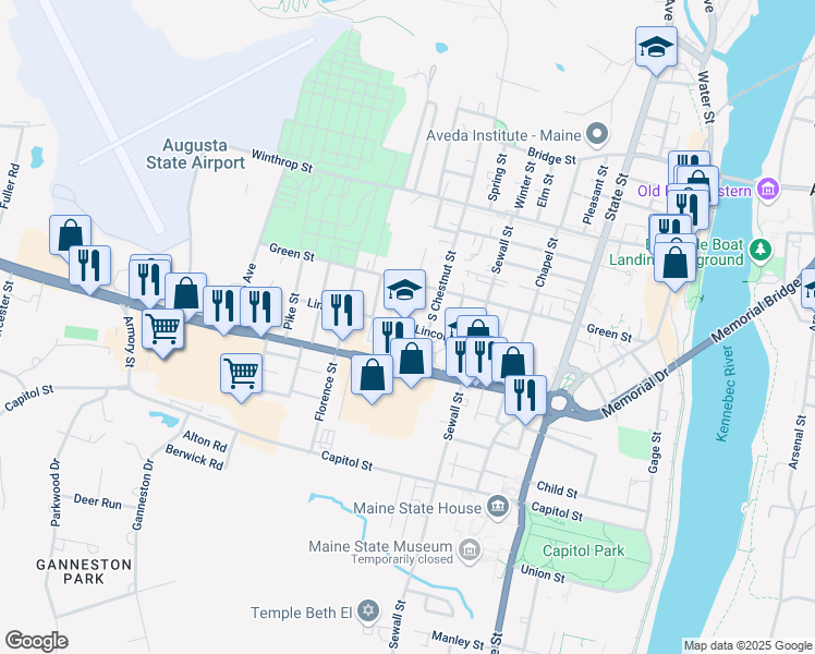 map of restaurants, bars, coffee shops, grocery stores, and more near 30 Lincoln Street in Augusta