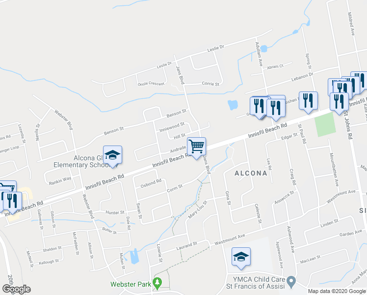 map of restaurants, bars, coffee shops, grocery stores, and more near Andrade Lane in Innisfil