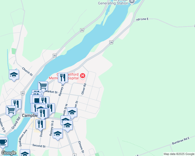 map of restaurants, bars, coffee shops, grocery stores, and more near 171 Cromwell Street in Campbellford
