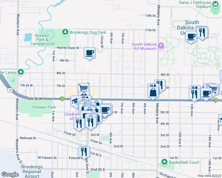 map of restaurants, bars, coffee shops, grocery stores, and more near 6th Avenue in Brookings