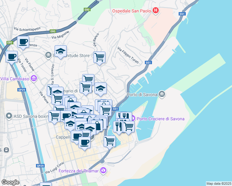 map of restaurants, bars, coffee shops, grocery stores, and more near Salita San Giacomo in Savona