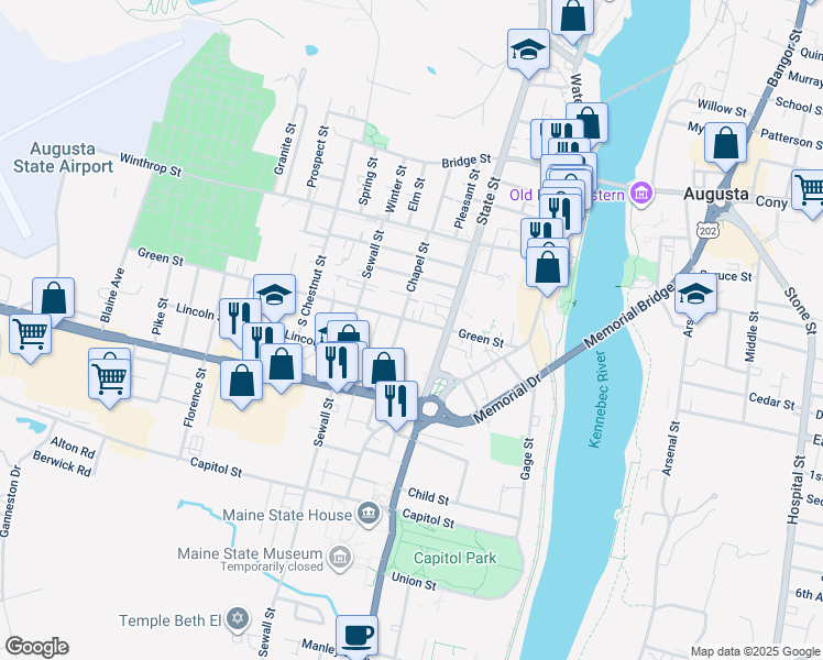 map of restaurants, bars, coffee shops, grocery stores, and more near 44 Green Street in Augusta