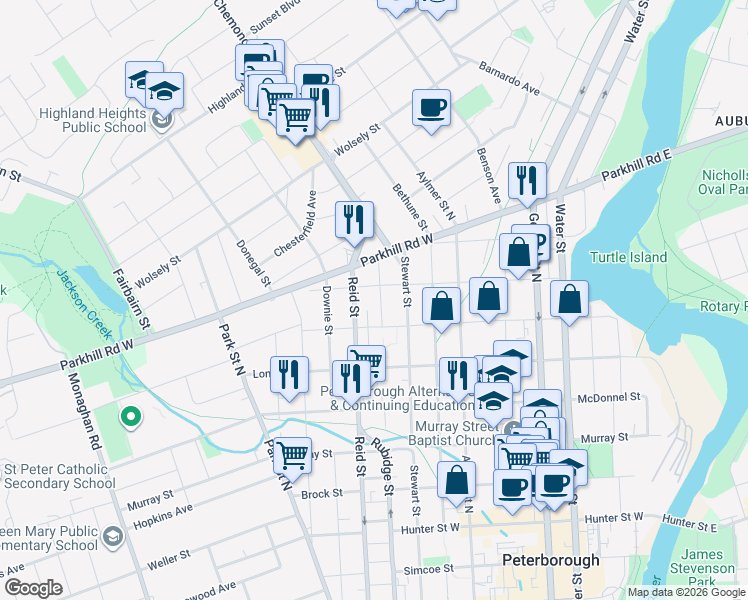map of restaurants, bars, coffee shops, grocery stores, and more near 629 Rubidge Street in Peterborough