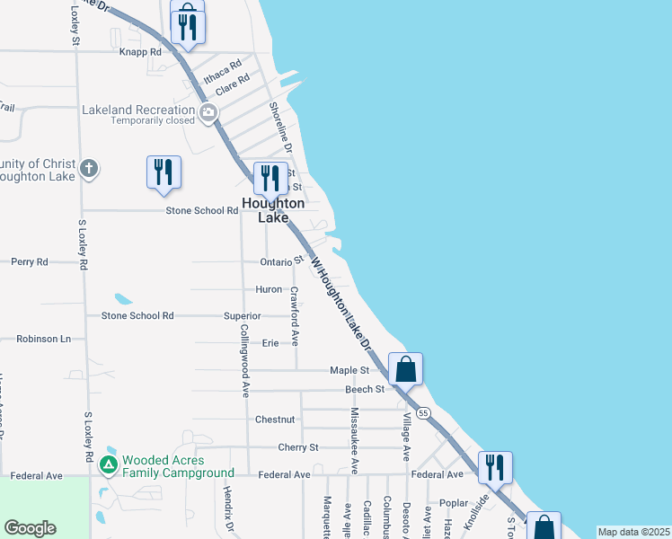map of restaurants, bars, coffee shops, grocery stores, and more near 6462 West Houghton Lake Drive in Houghton Lake