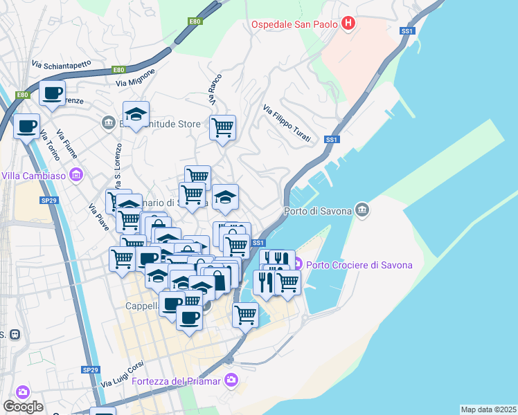 map of restaurants, bars, coffee shops, grocery stores, and more near 2 Via Bonifacio del Vasto in Savona
