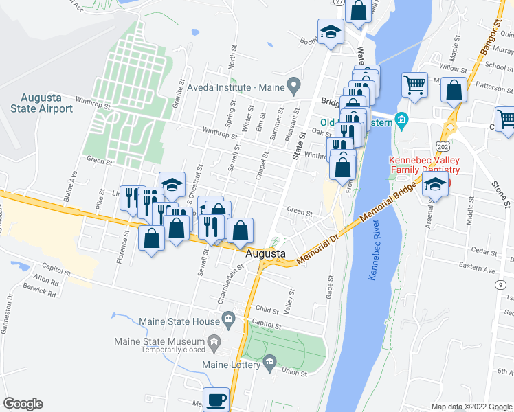 map of restaurants, bars, coffee shops, grocery stores, and more near 42 Green Street in Augusta