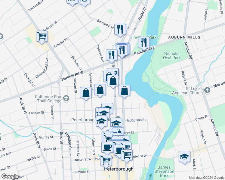 map of restaurants, bars, coffee shops, grocery stores, and more near 623 George Street North in Peterborough