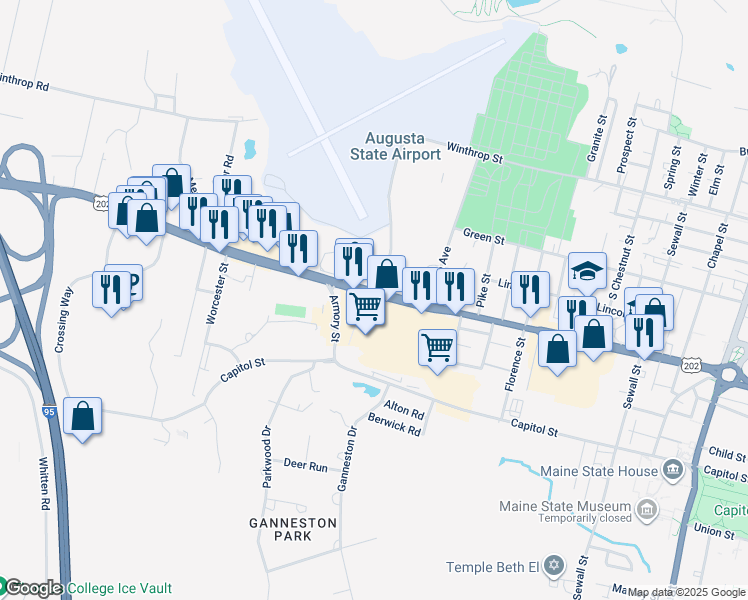 map of restaurants, bars, coffee shops, grocery stores, and more near 150 Western Avenue in Augusta