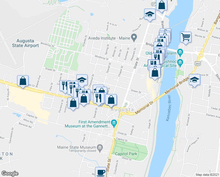 map of restaurants, bars, coffee shops, grocery stores, and more near 5 Melville Street in Augusta