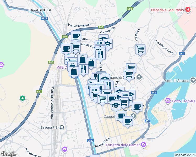 map of restaurants, bars, coffee shops, grocery stores, and more near 14 Via Fratelli Rosselli in Savona