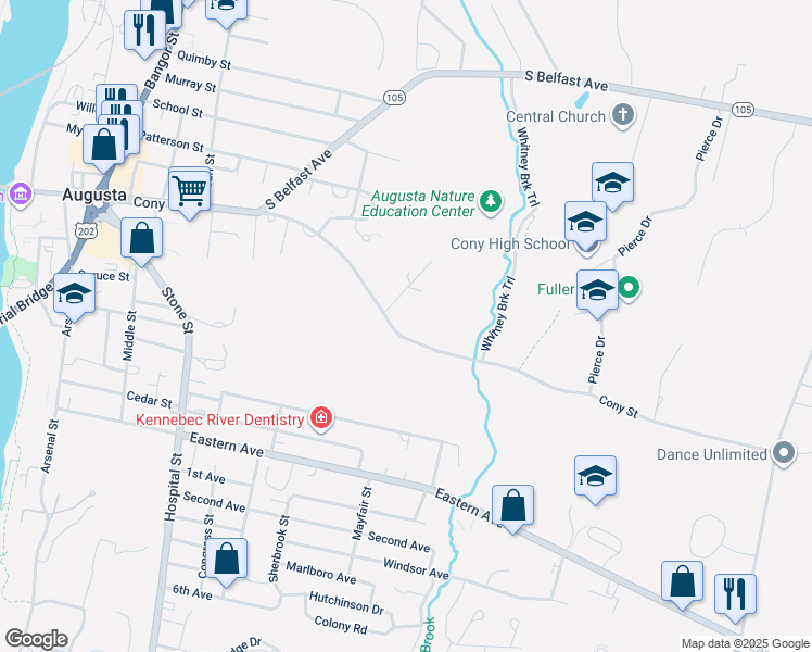 map of restaurants, bars, coffee shops, grocery stores, and more near 229 Cony Street in Augusta