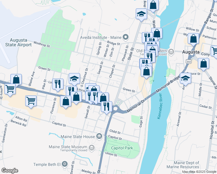 map of restaurants, bars, coffee shops, grocery stores, and more near 44 Green Street in Augusta
