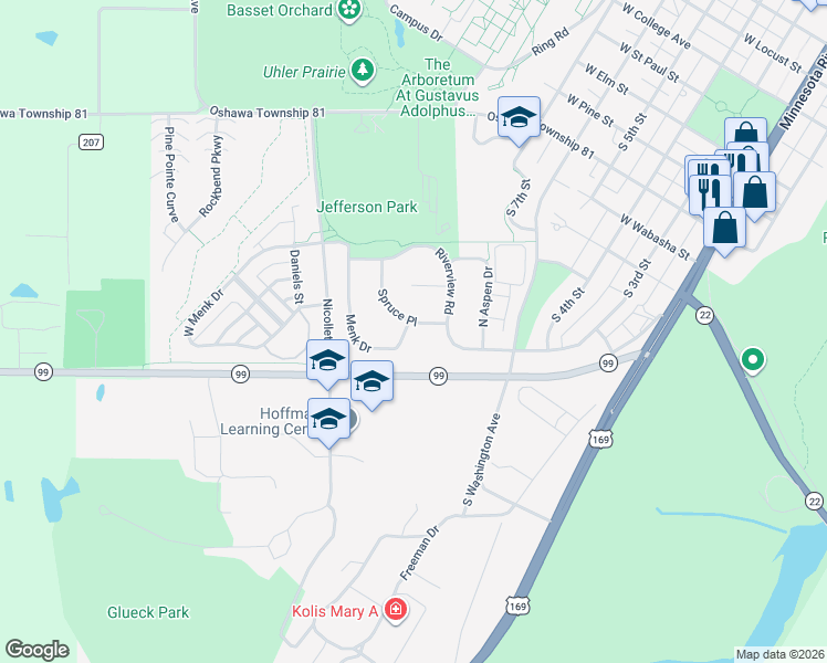 map of restaurants, bars, coffee shops, grocery stores, and more near 812 Menk Drive in Saint Peter