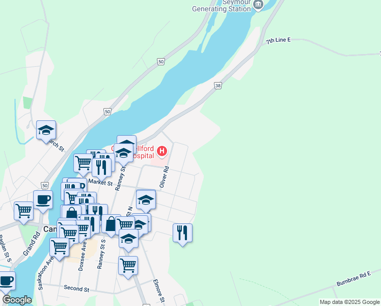 map of restaurants, bars, coffee shops, grocery stores, and more near 171 Cromwell Street in Campbellford