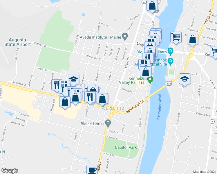 map of restaurants, bars, coffee shops, grocery stores, and more near 44 Green Street in Augusta