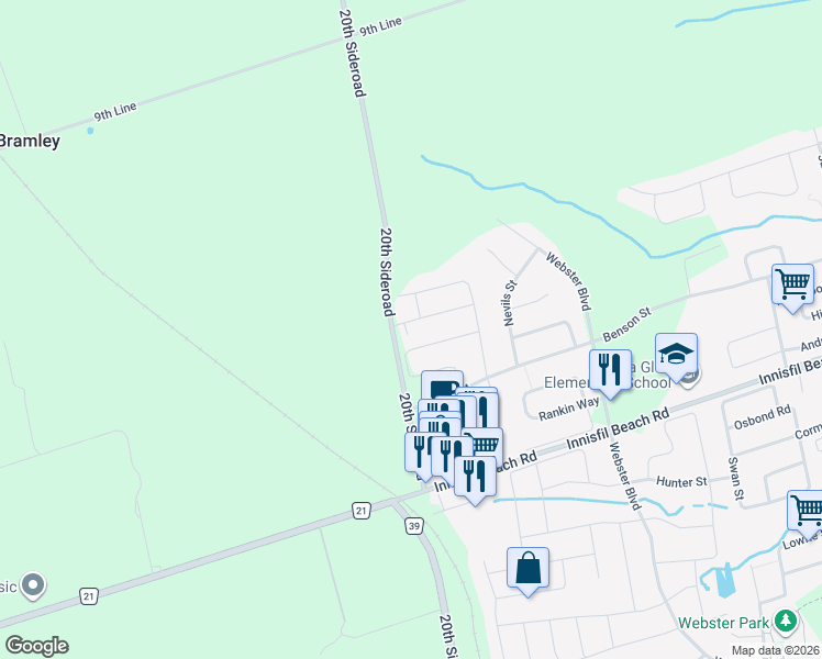 map of restaurants, bars, coffee shops, grocery stores, and more near 1444 Tomkins Road in Innisfil