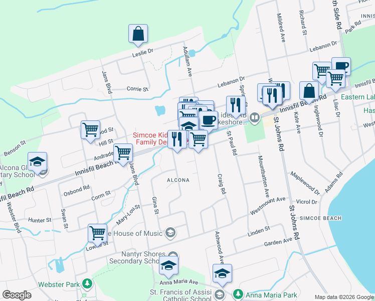map of restaurants, bars, coffee shops, grocery stores, and more near 2083 Thompson Street in Innisfil