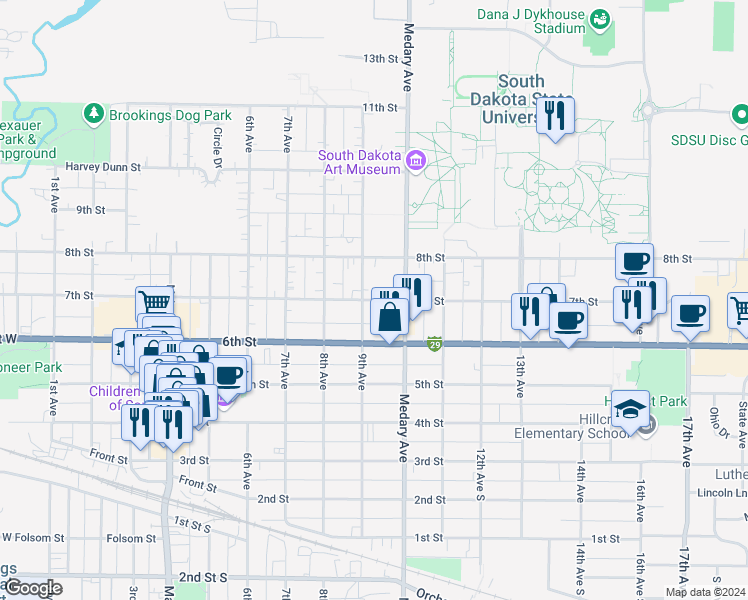 map of restaurants, bars, coffee shops, grocery stores, and more near 927 7th Street in Brookings