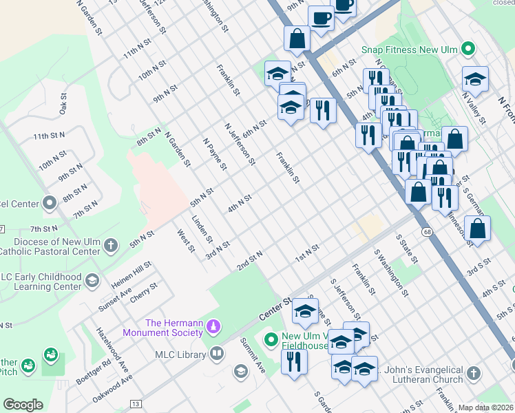 map of restaurants, bars, coffee shops, grocery stores, and more near 318 North Payne Street in New Ulm
