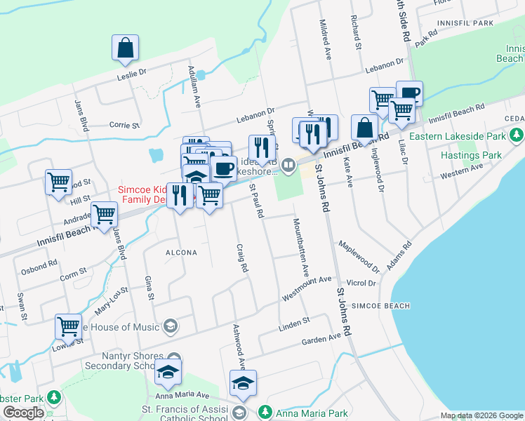 map of restaurants, bars, coffee shops, grocery stores, and more near 1008 Westminister Street in Innisfil