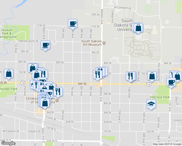 map of restaurants, bars, coffee shops, grocery stores, and more near 901 7th Street in Brookings