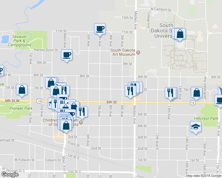 map of restaurants, bars, coffee shops, grocery stores, and more near 801 7th Street in Brookings