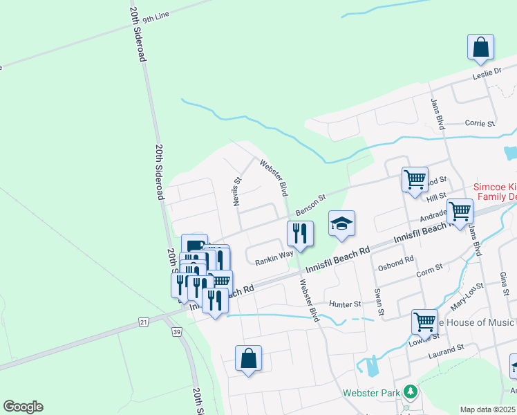 map of restaurants, bars, coffee shops, grocery stores, and more near Batters Loop in Innisfil