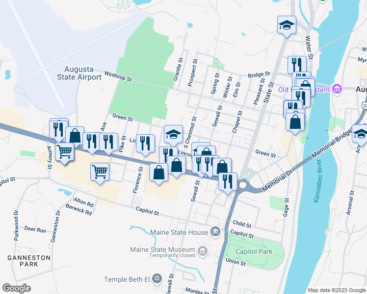 map of restaurants, bars, coffee shops, grocery stores, and more near 44 South Chestnut Street in Augusta