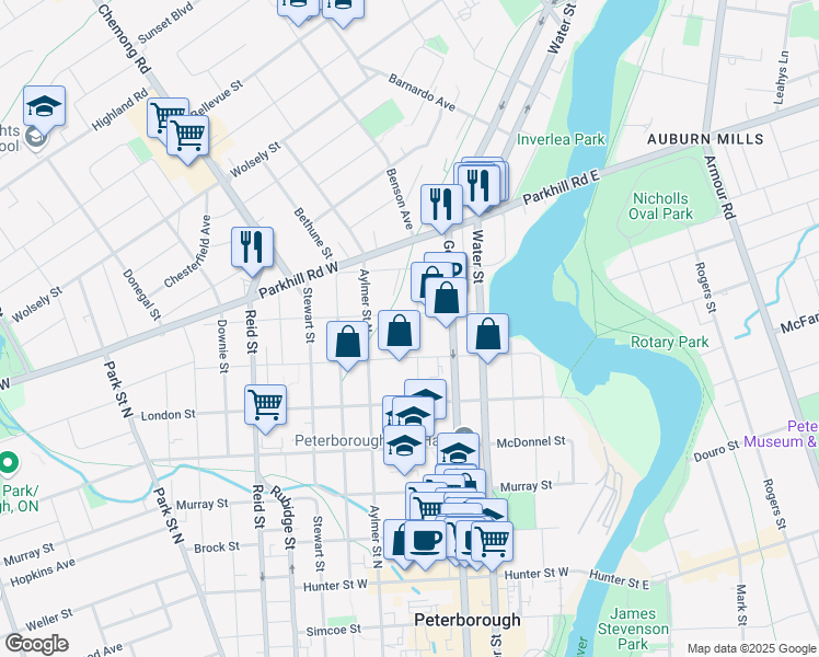 map of restaurants, bars, coffee shops, grocery stores, and more near 633 Union Street in Peterborough