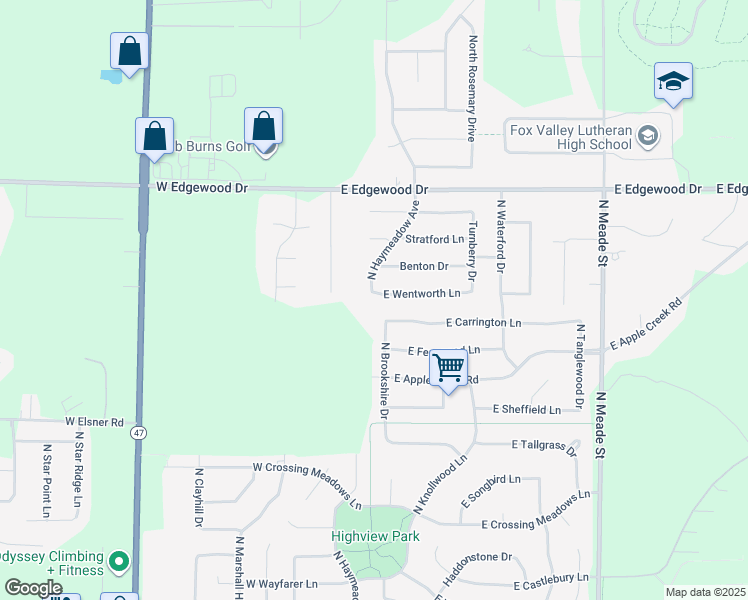 map of restaurants, bars, coffee shops, grocery stores, and more near 201 East Wentworth Lane in Appleton