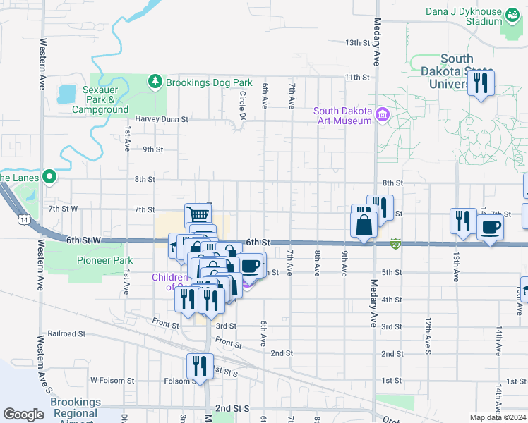 map of restaurants, bars, coffee shops, grocery stores, and more near 6th Avenue in Brookings