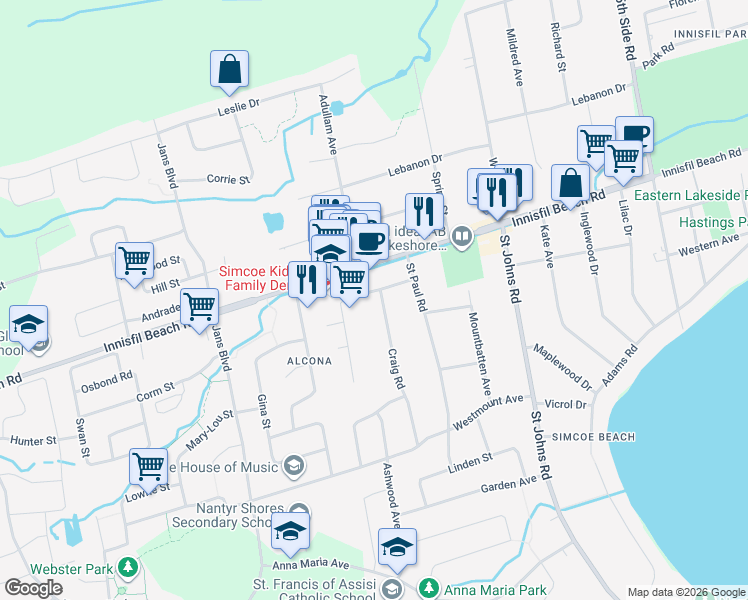 map of restaurants, bars, coffee shops, grocery stores, and more near 2078 Craig Road in Innisfil
