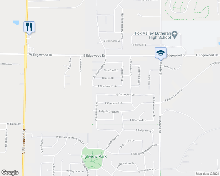 map of restaurants, bars, coffee shops, grocery stores, and more near 309 East Wentworth Lane in Appleton