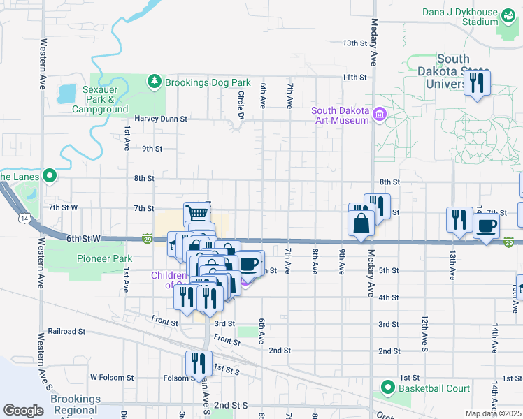 map of restaurants, bars, coffee shops, grocery stores, and more near 599 7th St in Brookings