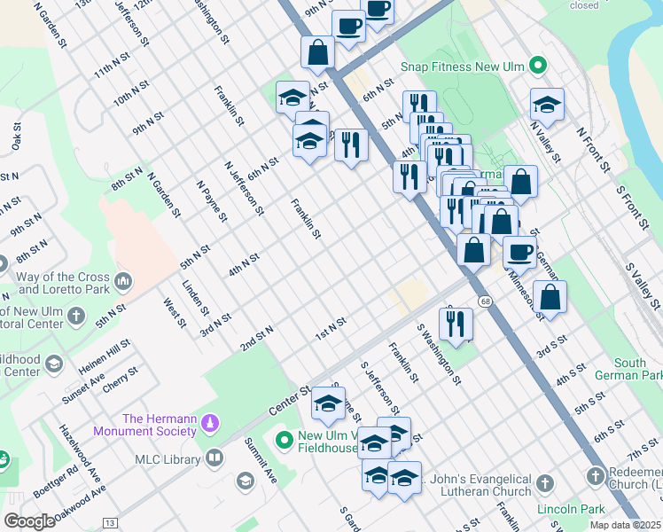 map of restaurants, bars, coffee shops, grocery stores, and more near 219 North Franklin Street in New Ulm