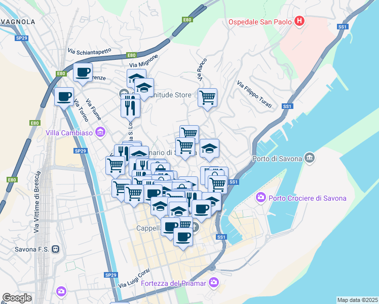map of restaurants, bars, coffee shops, grocery stores, and more near Via Tommaso Torteroli in Savona