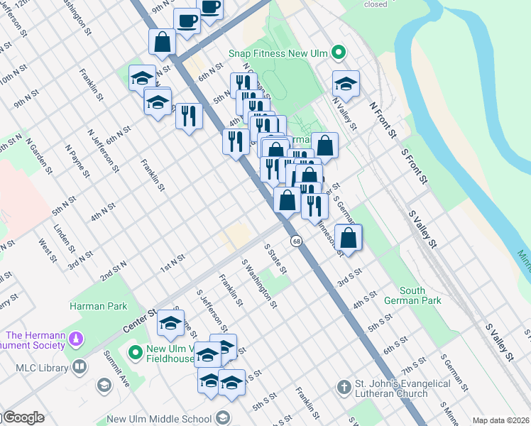 map of restaurants, bars, coffee shops, grocery stores, and more near 17 North Broadway Street in New Ulm