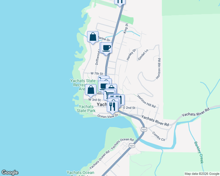 map of restaurants, bars, coffee shops, grocery stores, and more near 470 Highway 101 North in Yachats