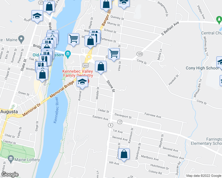 map of restaurants, bars, coffee shops, grocery stores, and more near 58 Stone Street in Augusta